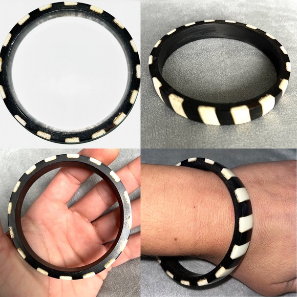 Vintage boutique handmade hand-carved mix wood wooden striped bangle - Picture 11 of 11